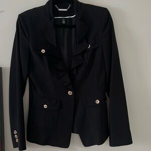 Stunning black blazer with ruffle and gold button detail